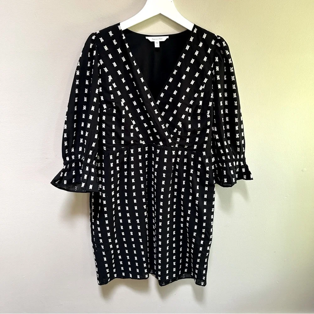 Garnet Hill ~new ~ Black Onyx Organic-Cotton Clip-Dot V-Neck Dress in size 4